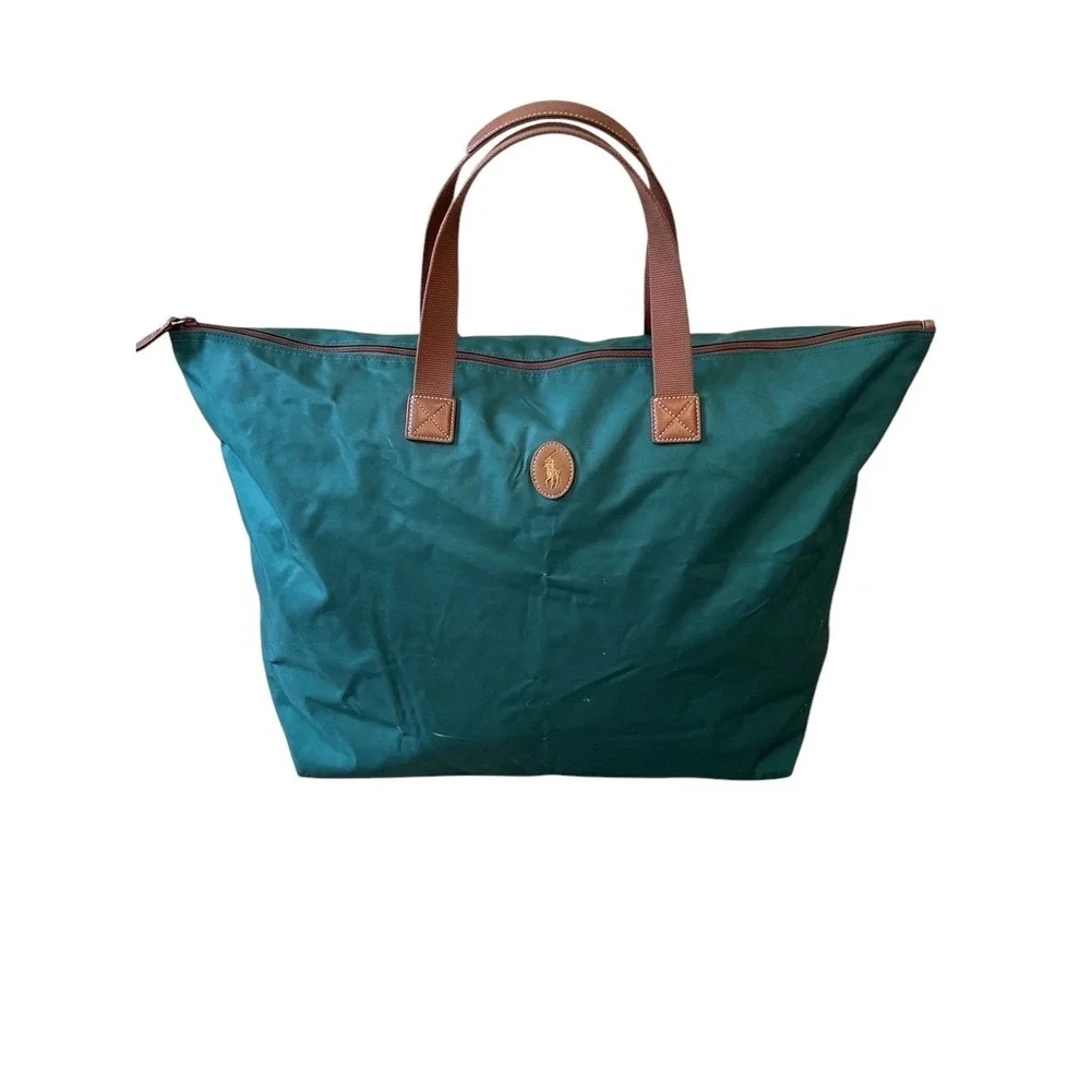 Polo Ralph‎ Lauren Green Nylon Oversized Tote Bag Zip Top Weekender Travel Bag